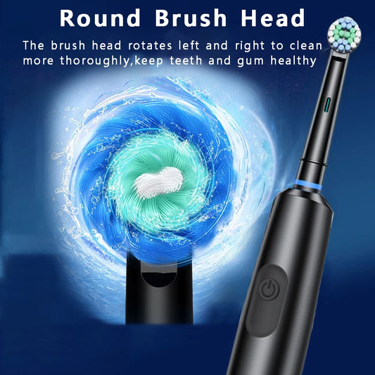 Rotary Electric Toothbrush with Timer — Rechargeable, Waterproof, 8 Replacement Heads