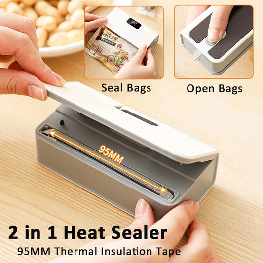 2-in-1 Mini Bag Sealer & Cutter — Rechargeable with LED Display & 6 Seal Modes