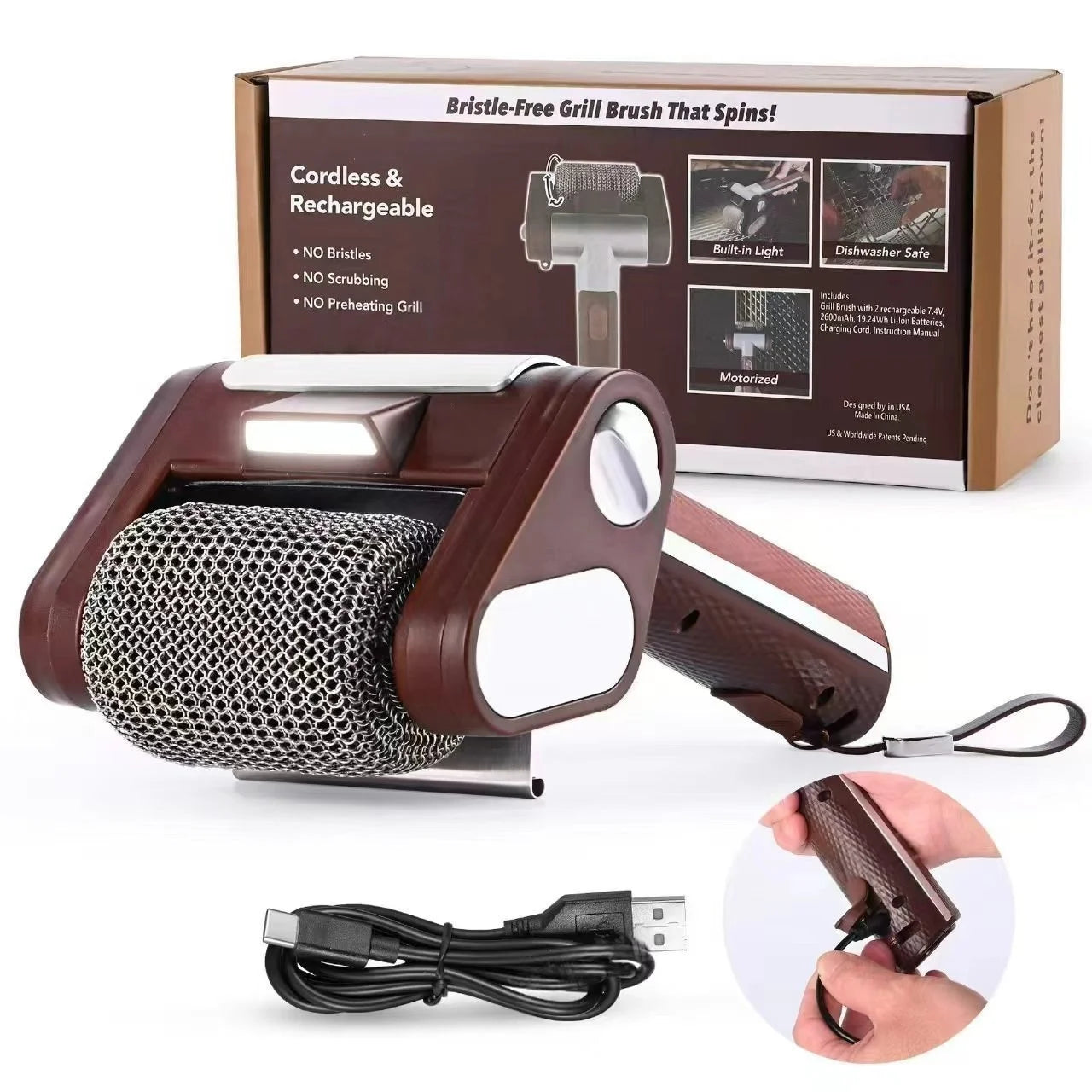 2026 Hot Electric Grill Brush Rechargeable With Led Light 304 Stainless Steel Replaceable Heads Bbq Grill Cleaner For Barbecue