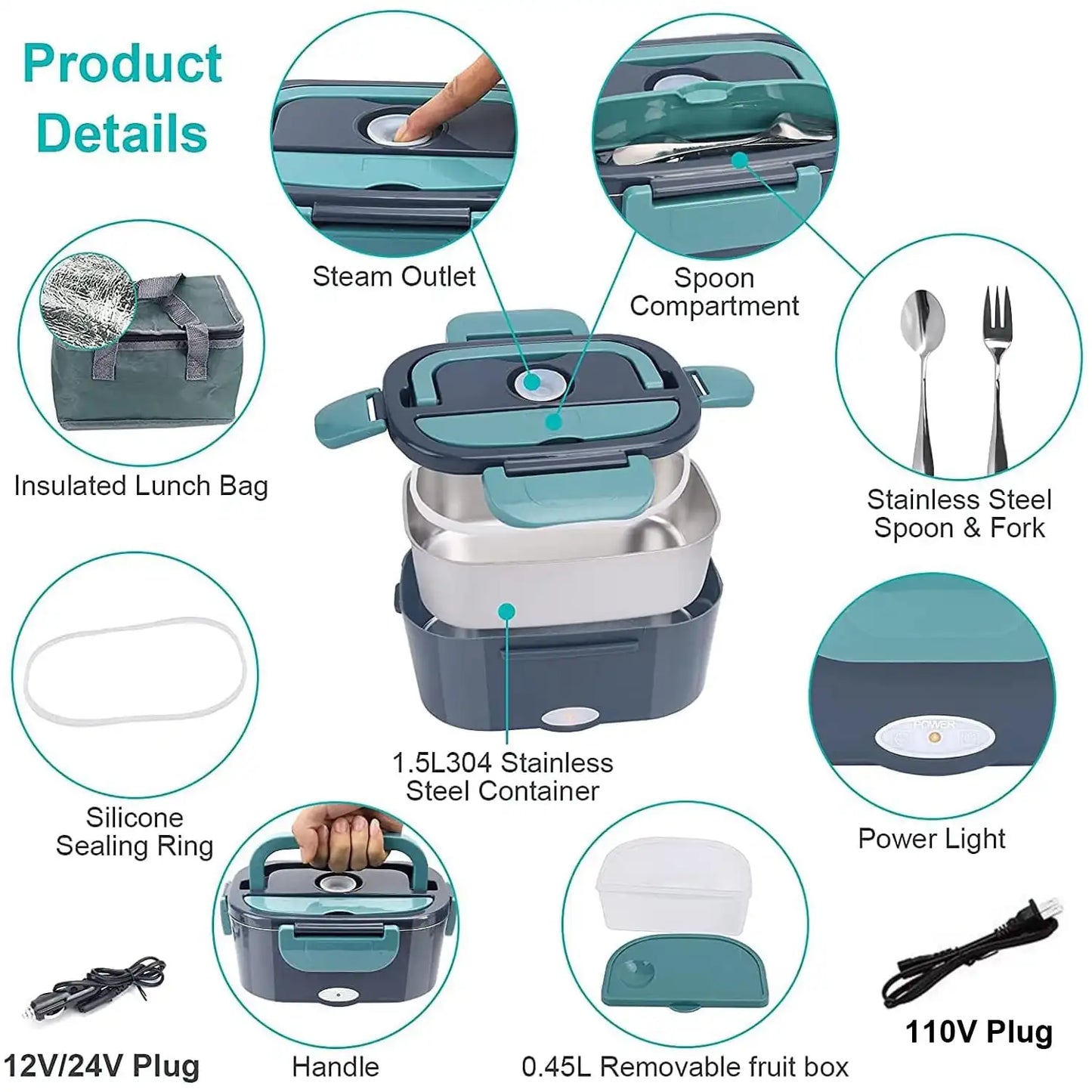 1.5 L 60W Electric Lunch Box Food Warmer Portable Food Heater for Car Or Home - Leak Proof, Lunch Heating Microwave for Truckers