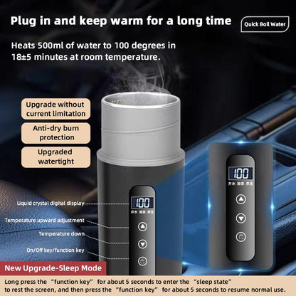 500ml Smart Car Travel Kettle — 12V/24V Touch Screen, Adjustable Temperature
