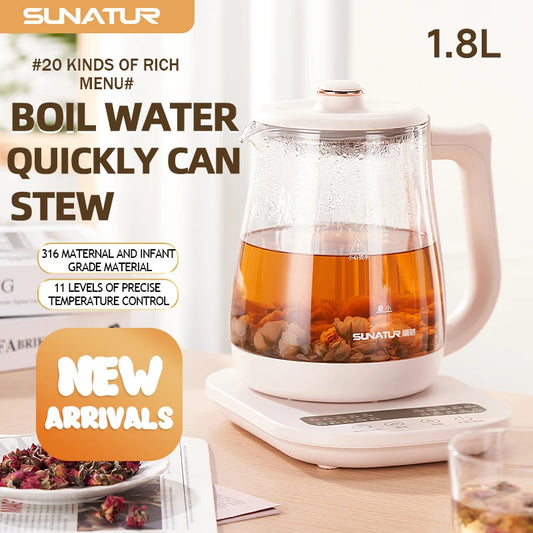 SUNATUR 1.8L Multifunction Glass Health Pot — 800W, 20 Smart Functions, 24-Hour Keep Warm