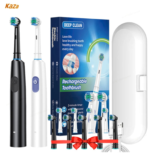 Rotary Electric Toothbrush with Timer — Rechargeable, Waterproof, 8 Replacement Heads