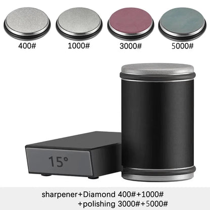 Rolling Knife Sharpener — Double-Sided Diamond Stone with 15°/20° Magnetic Angle Guide