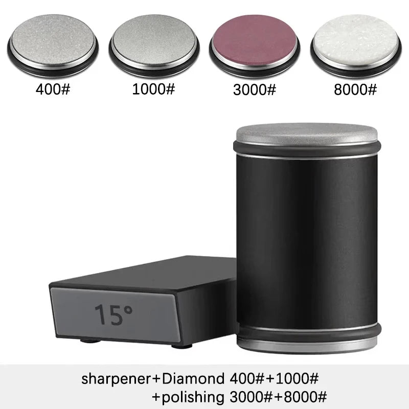 Rolling Knife Sharpener — Double-Sided Diamond Stone with 15°/20° Magnetic Angle Guide