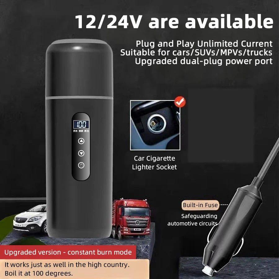 500ml Smart Car Travel Kettle — 12V/24V Touch Screen, Adjustable Temperature