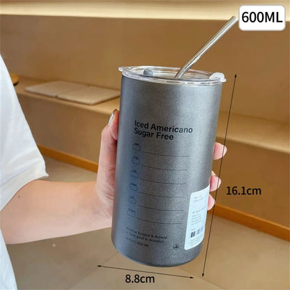 Portable 600ml Thermos Cup, Stainless Steel, Leak-proof with Straw