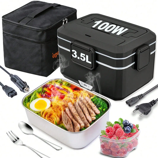 100W Electric Lunch Box — 3.5L Self-Heating, 12V/24V/110V, Stainless Steel with Carry Bag
