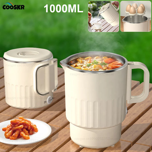 1000ml Portable Mini Electric Kettle with Steaming Rack — Foldable, 304 Stainless Steel