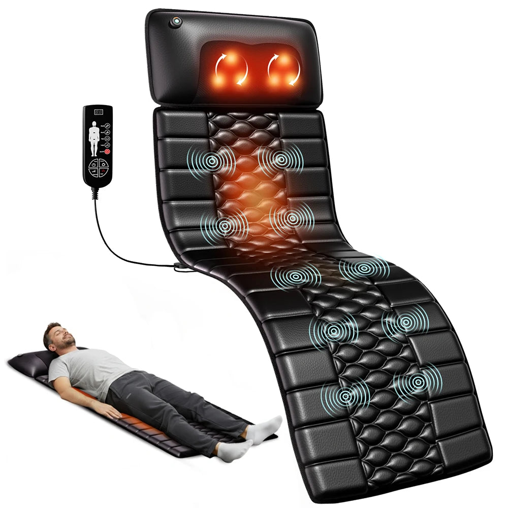 Shiatsu Full Body Massage Mat with Heat, Detachable Massager Pad, 10 Vibrating Motors, 9 Intensity Levels, Relax at Home or Office