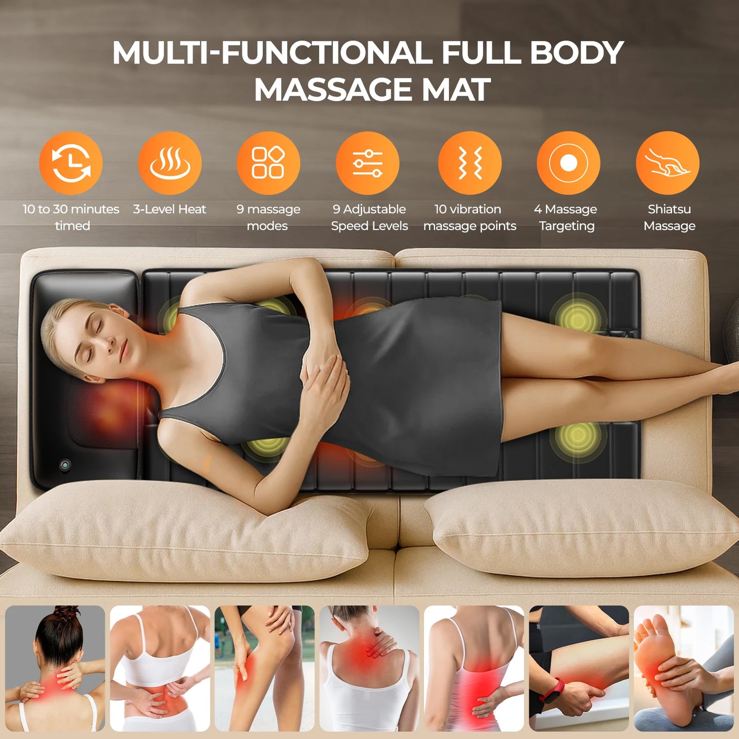 Shiatsu Full Body Massage Mat with Heat, Detachable Massager Pad, 10 Vibrating Motors, 9 Intensity Levels, Relax at Home or Office