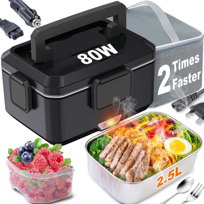 100W Fast Heating Electric Lunch Box, 3.5L Large Capacity 2 in 1 Car & Home Portable Food Warmer, 304 Stainless Steel Leakproof Self-Heating Meal Container with Insulated Carry Bag, Cutlery & Fruit Box for Truck Office Travel