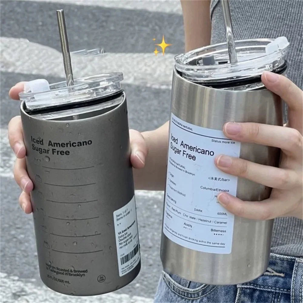 Portable 600ml Thermos Cup, Stainless Steel, Leak-proof with Straw