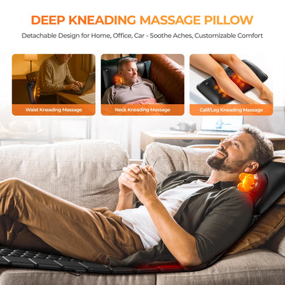 Shiatsu Full Body Massage Mat with Heat, Detachable Massager Pad, 10 Vibrating Motors, 9 Intensity Levels, Relax at Home or Office