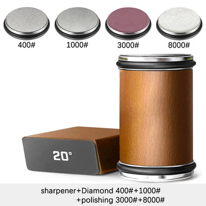 Rolling Knife Sharpener — Double-Sided Diamond Stone with 15°/20° Magnetic Angle Guide