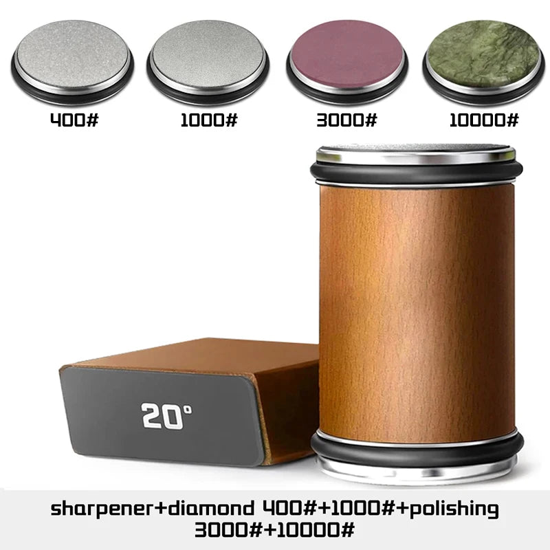 Rolling Knife Sharpener — Double-Sided Diamond Stone with 15°/20° Magnetic Angle Guide