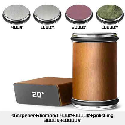 Rolling Knife Sharpener — Double-Sided Diamond Stone with 15°/20° Magnetic Angle Guide