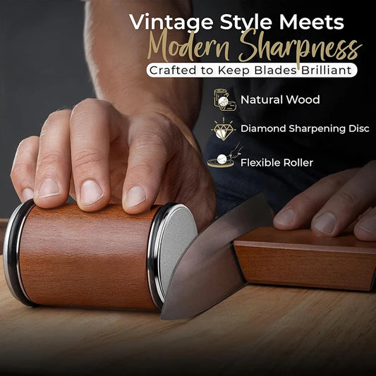 Rolling Knife Sharpener — Double-Sided Diamond Stone with 15°/20° Magnetic Angle Guide