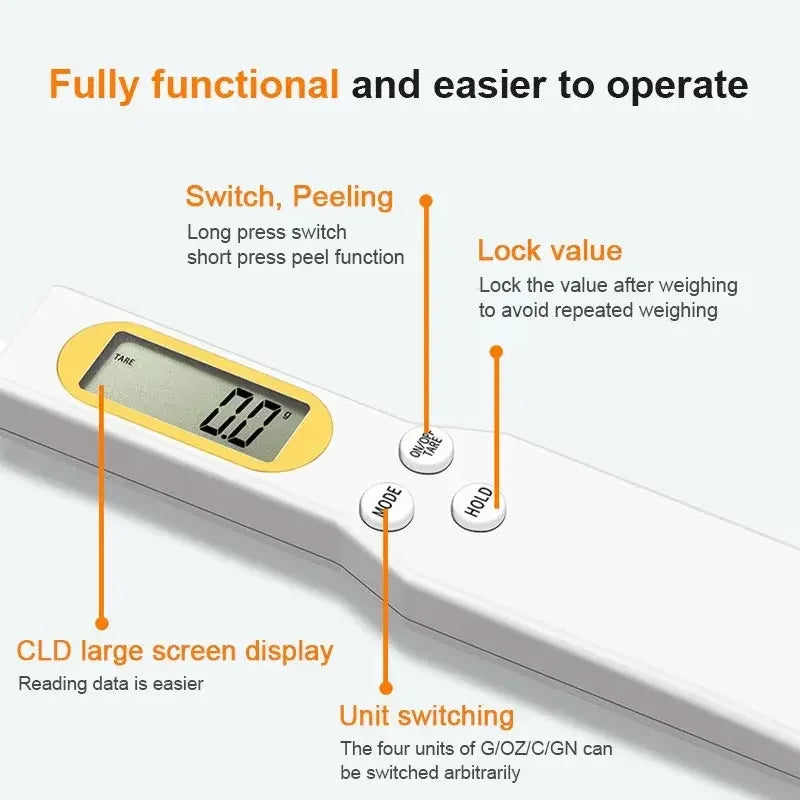 Digital Kitchen Scale Spoon — Portable LCD Food Measuring Scale, 500g / 0.1g