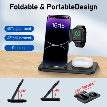 Desk Fast Wireless Charger Stand Pad Foldable Fast Charging Station Dock for iPhone 16 15 14 13 12 Pro Max Apple Watch Airpods
