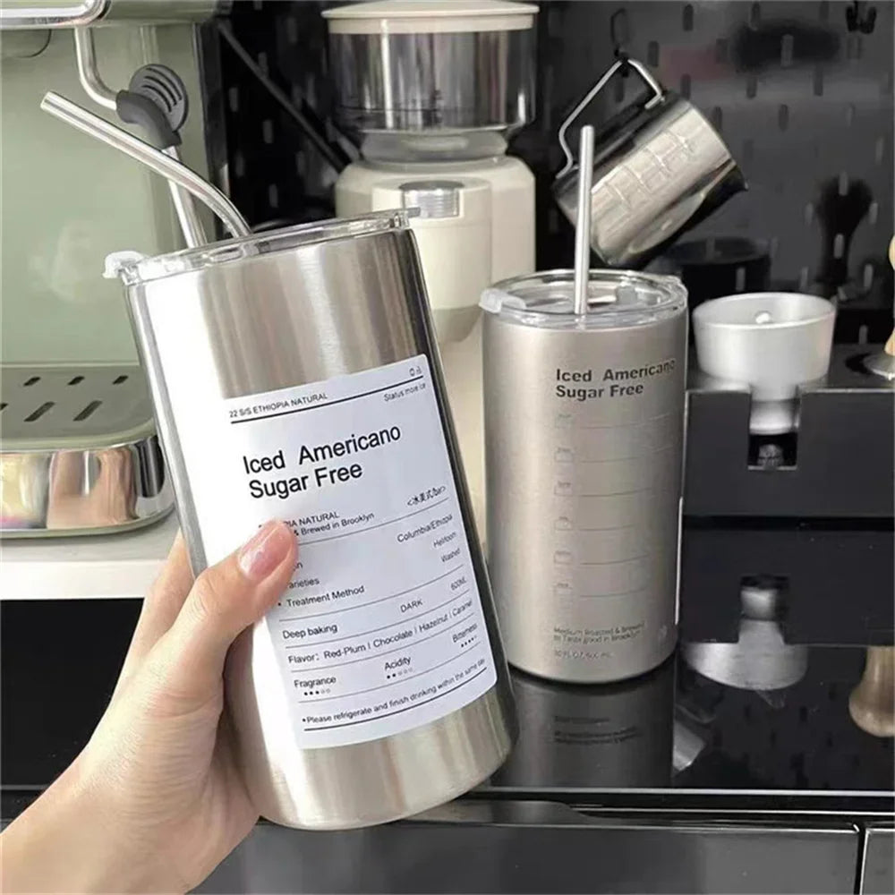 Portable 600ml Thermos Cup, Stainless Steel, Leak-proof with Straw