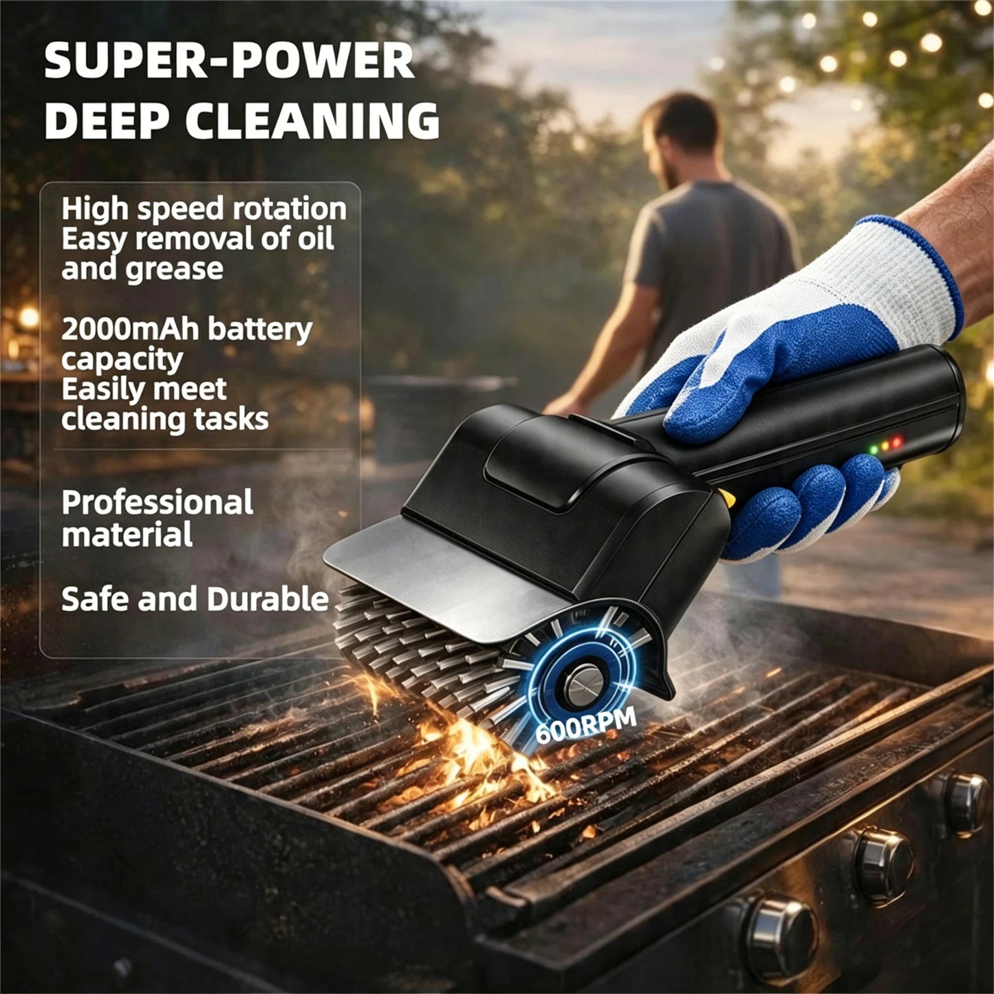 Cordless Electric Grill Brush 2000mAh Rechargeable Stainless Steel BBQ Brush Outdoor Barbecue Grill Brush Fabric Cleaner