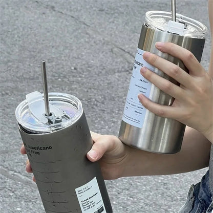 Portable 600ml Thermos Cup, Stainless Steel, Leak-proof with Straw
