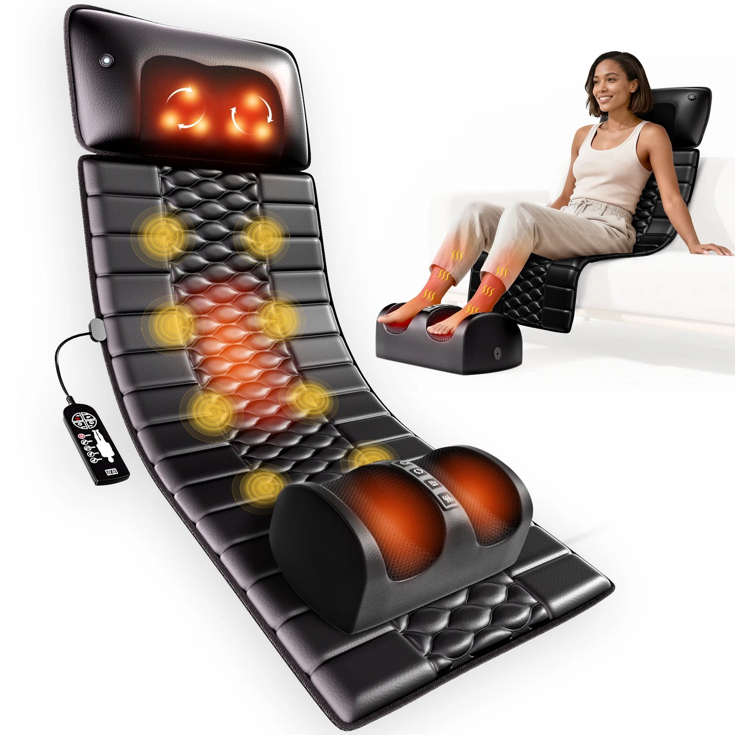 Shiatsu Full Body Massage Mat with Heat, Detachable Massager Pad, 10 Vibrating Motors, 9 Intensity Levels, Relax at Home or Office