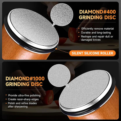 Rolling Knife Sharpener — Double-Sided Diamond Stone with 15°/20° Magnetic Angle Guide