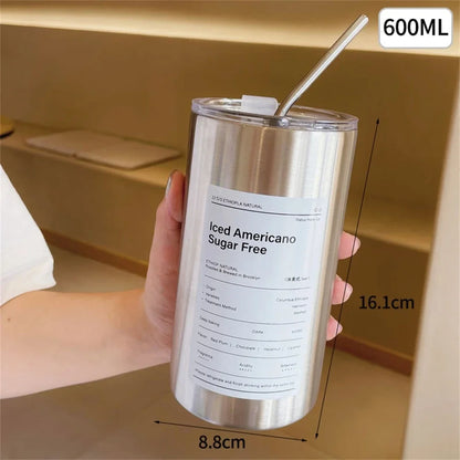 Portable 600ml Thermos Cup, Stainless Steel, Leak-proof with Straw