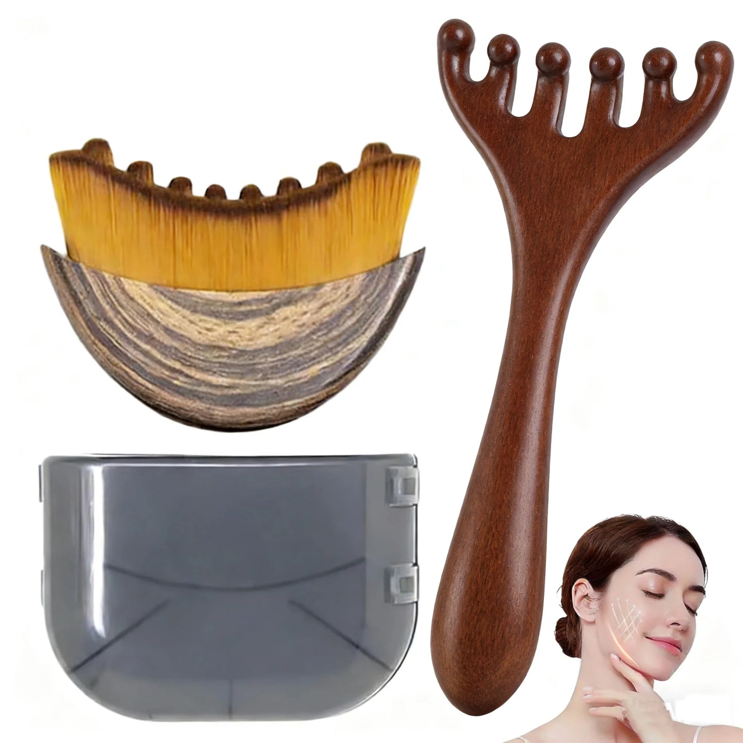 6-Claw Sandalwood Facial Lymphatic Drainage Massager — Jawline Sculpting Tool