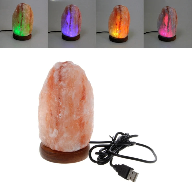Himalayan Rock Salt Lamp — Hand Carved with Elegant USB Wooden Base