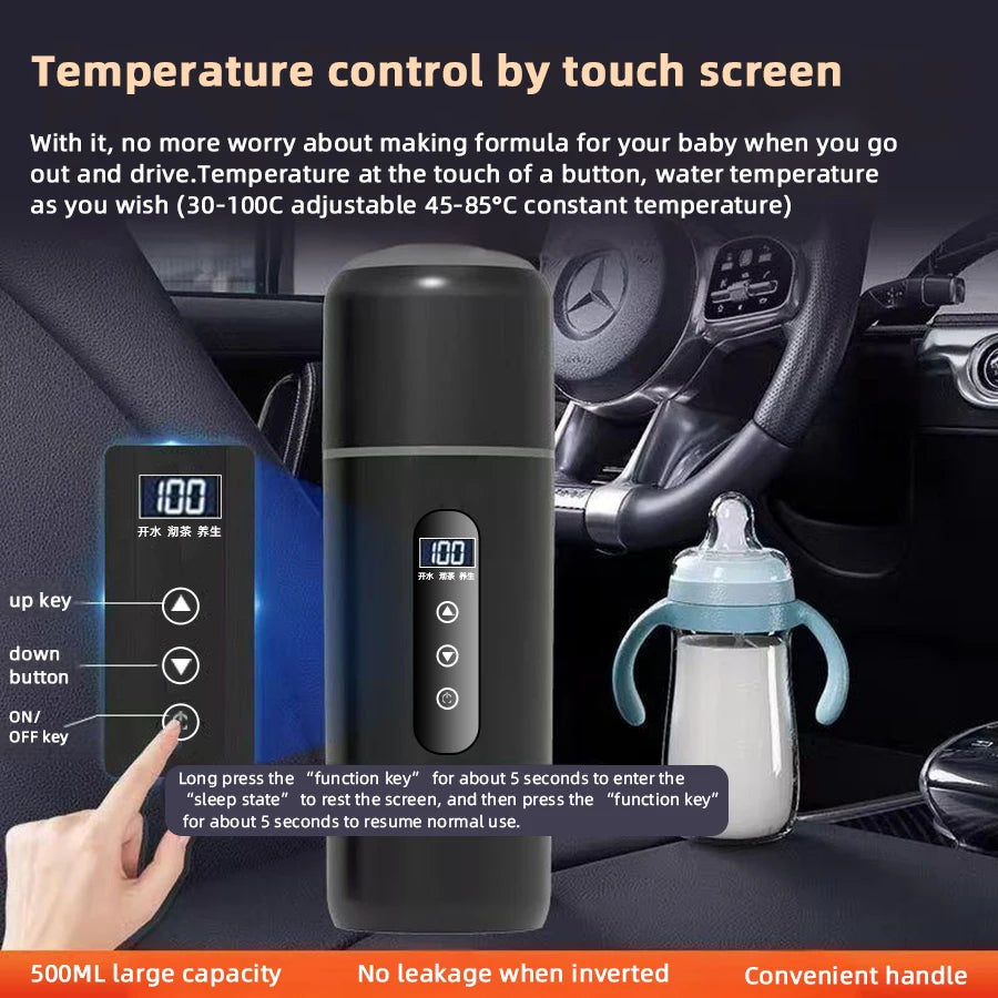 500ml Smart Car Travel Kettle — 12V/24V Touch Screen, Adjustable Temperature
