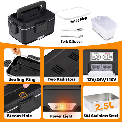 100W Fast Heating Electric Lunch Box, 3.5L Large Capacity 2 in 1 Car & Home Portable Food Warmer, 304 Stainless Steel Leakproof Self-Heating Meal Container with Insulated Carry Bag, Cutlery & Fruit Box for Truck Office Travel