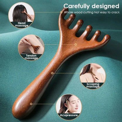 6-Claw Sandalwood Facial Lymphatic Drainage Massager — Jawline Sculpting Tool