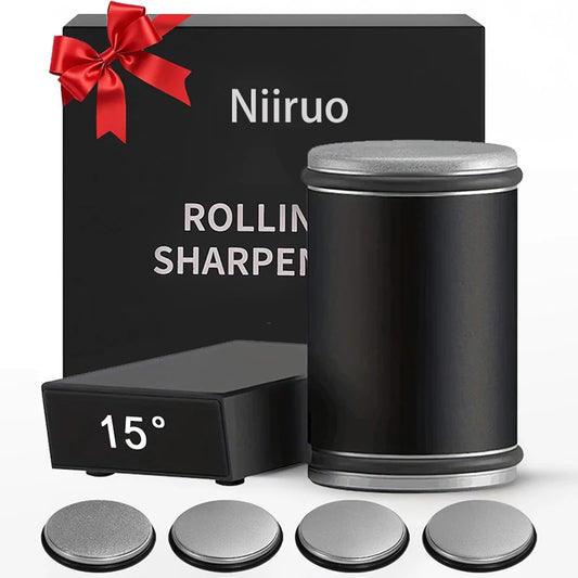 Rolling Knife Sharpener — Double-Sided Diamond Stone with 15°/20° Magnetic Angle Guide