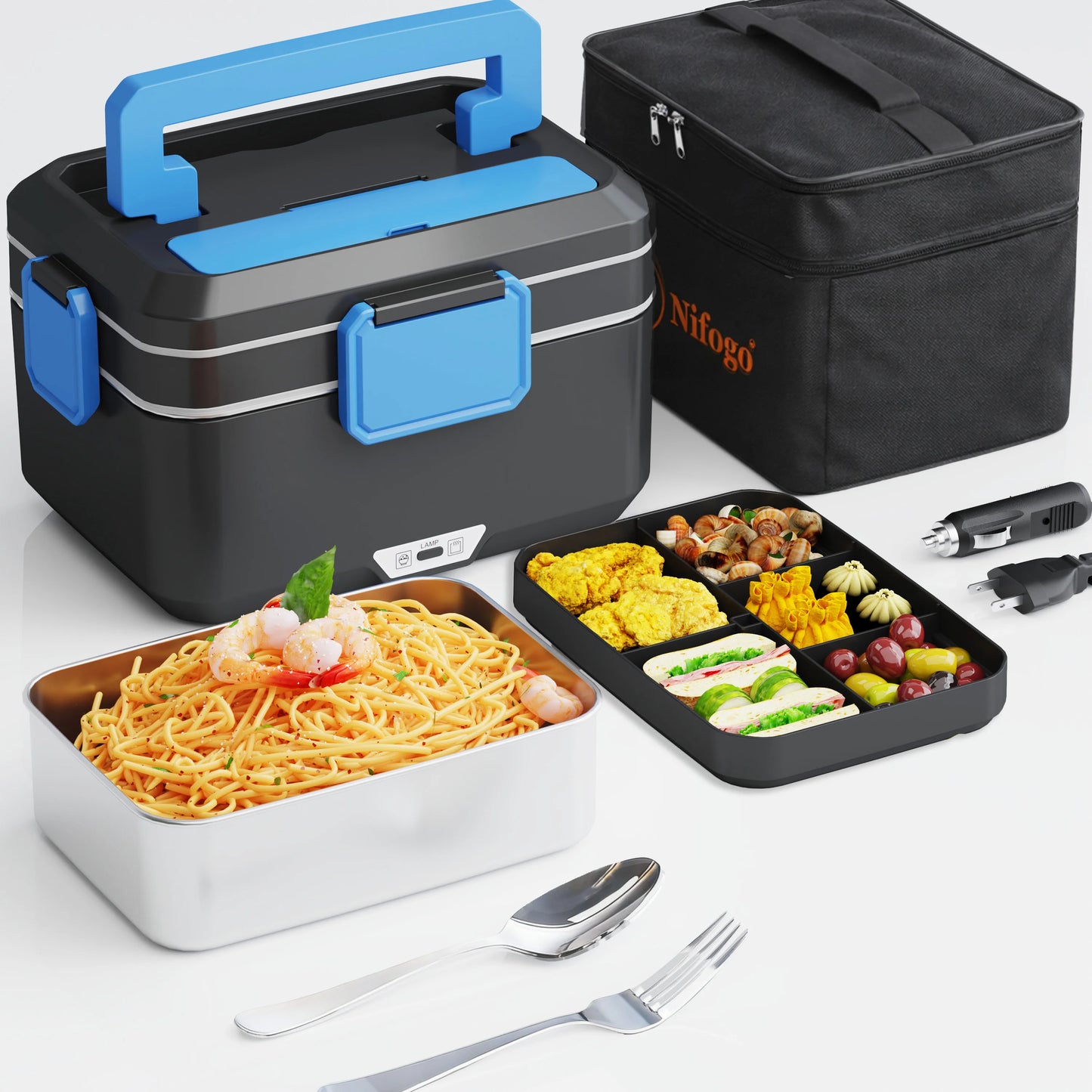 100W Fast Heating Electric Lunch Box, 3.5L Large Capacity 2 in 1 Car & Home Portable Food Warmer, 304 Stainless Steel Leakproof Self-Heating Meal Container with Insulated Carry Bag, Cutlery & Fruit Box for Truck Office Travel