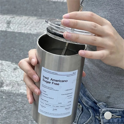 Portable 600ml Thermos Cup, Stainless Steel, Leak-proof with Straw