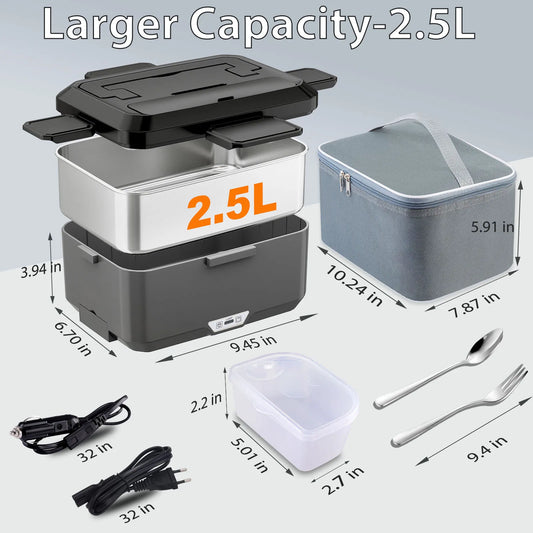 100W Electric Lunch Box — 3.5L Self-Heating, 12V/24V/110V, Stainless Steel with Carry Bag