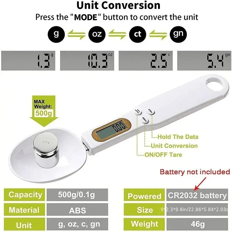 Digital Kitchen Scale Spoon — Portable LCD Food Measuring Scale, 500g / 0.1g