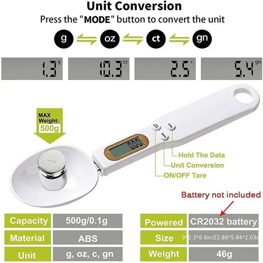Digital Kitchen Scale Spoon — Portable LCD Food Measuring Scale, 500g / 0.1g