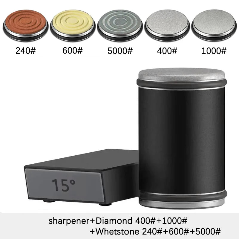 Rolling Knife Sharpener — Double-Sided Diamond Stone with 15°/20° Magnetic Angle Guide