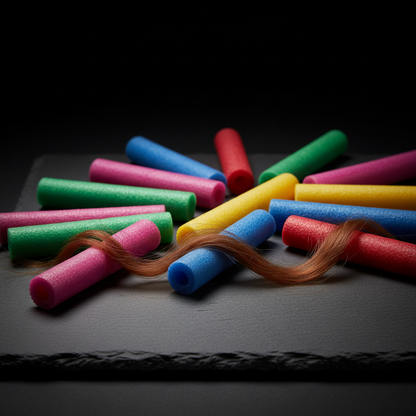 Colorful soft foam flexi curl rods arranged on dark textured surface with moody lighting